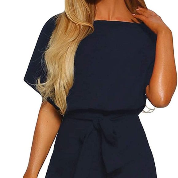 Vetinee Womens Summer Belted Romper Keyhole Back Short Sleeve Jumpsuit - Picture 1 of 4